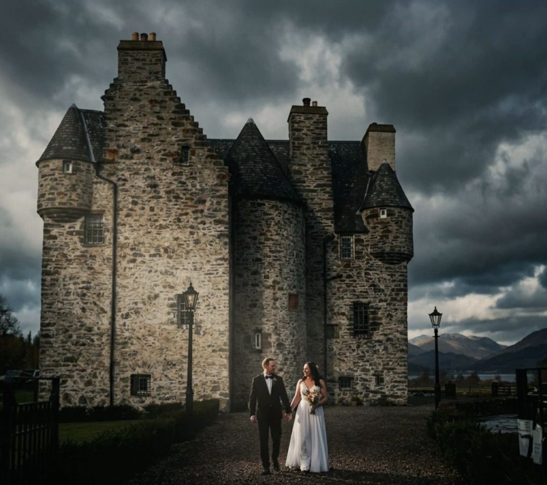 Bride and groom in formal wear walk hand in hand outside a medieval stone castle with towers under a cloudy sky.